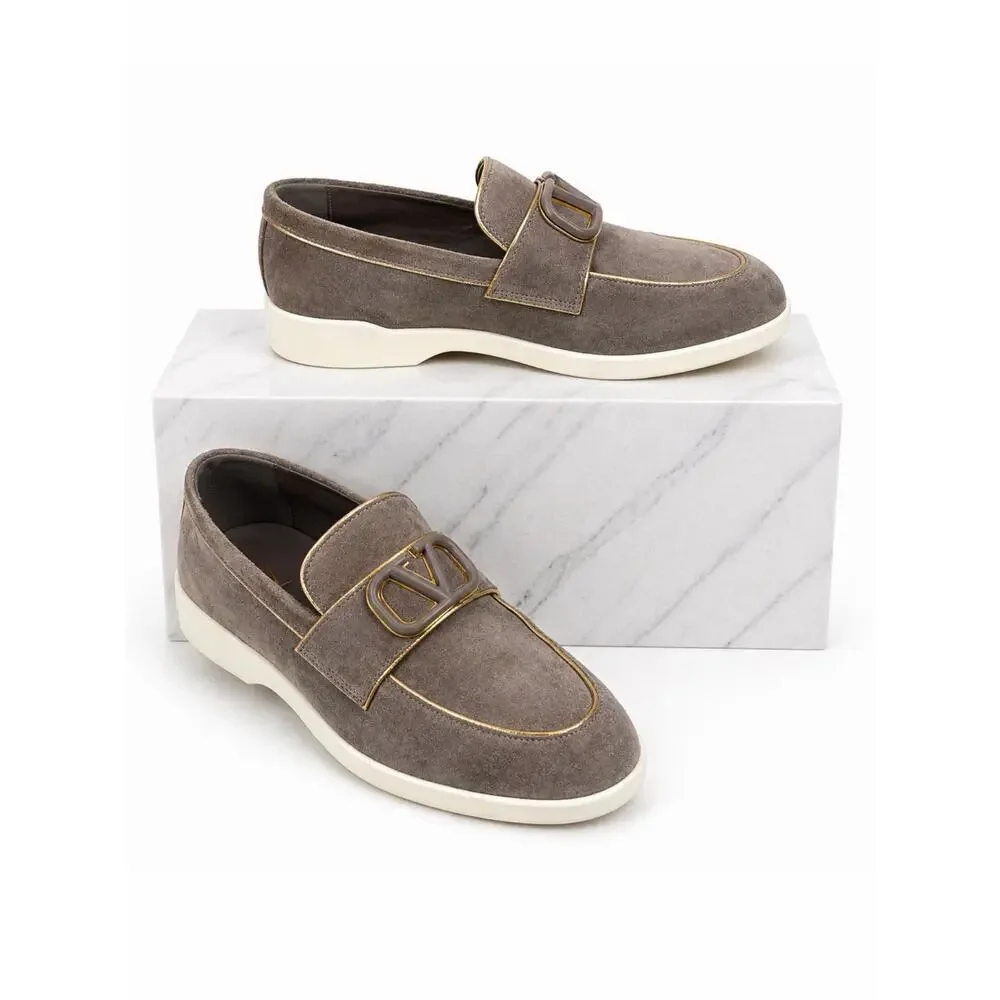 Valentino Garavani Leisure Flows Split Vlogo Suede Loafer Taupe Size 38.5